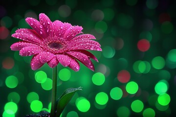 Large pink flower macro shot with water drops, with space for text