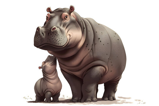 recommend clip art: A cute cartoon illustration shows an adult hippopotamus and baby hippo