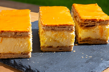 Celebration of the King birthday in Netherlands, tompoes or tompouce, iconic pastry in Netherlands...