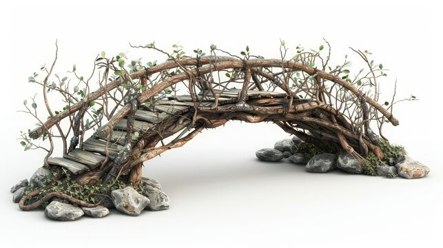 A bridge made of wood and vines with a stone foundation