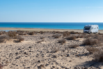 Sandy dunes and turquoise water of Sotavento beach, Costa Calma, Fuerteventura, Canary islands,...