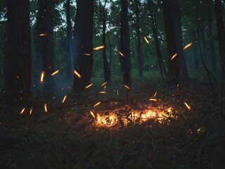 photography of fire in the forest, with Nighttime creating fireflies
