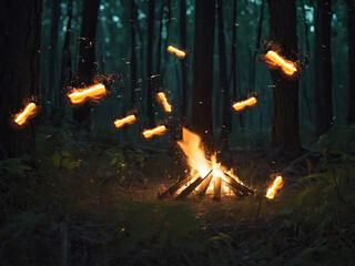 photography of fire in the forest, with Nighttime creating fireflies