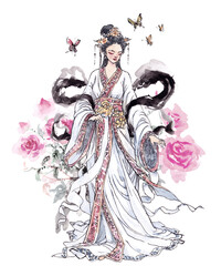 watercolor painting in chinese ink style of angel and butterflies