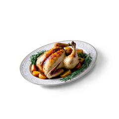 A delicious rotisserie chicken with rosemary, herbs, and vegetables. Transparent background.