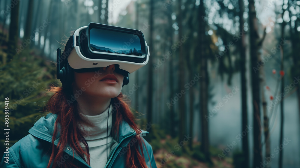 Poster a virtual reality headset transporting the user to a digital world filled with immersive landscapes 