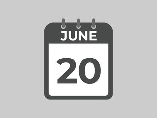 June 20 calendar reminder. 20 June daily calendar icon template. Calendar 20 June icon Design template. Vector illustration
