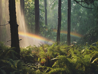 photography of raining in the forest, with morning sunlight creating rainbows