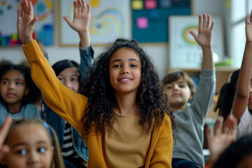 Fototapeta premium Smiling Girl in Whole Classroom Raising Hands Knowing Answer. Lesson in a Classroom Full of Bright Diverse Children. In Elementary School with Group of Kids Learning Science