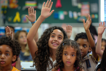 Fototapeta premium Smiling Girl in Whole Classroom Raising Hands Knowing Answer. Lesson in a Classroom Full of Bright Diverse Children. In Elementary School with Group of Kids Learning Science