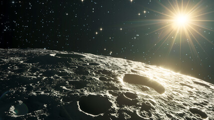 Close up of moon surface with shining sun and stars in background