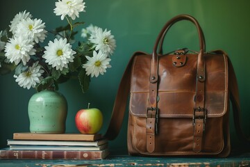 still life with school backpack apple and flowers © Anastasia Knyazeva