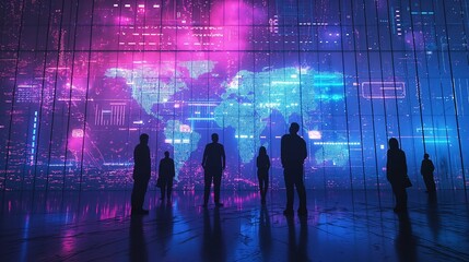 Group of business people in silhouette standing and talking, digital screen displaying graphs of global data and a world map, a futuristic neon background, in the style of digital technology concept