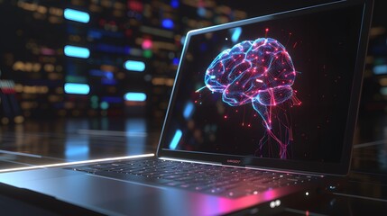 Futuristic 3D Rendered Brain Concept on Laptop