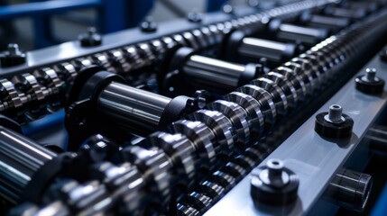 Naklejka premium Close up factory roller system for transfers, detailed system of conveyor