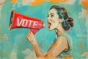A woman speaking into a megaphone with VOTE written on it, a smiley face and red lips in the background. An abstract collage concept promoting voting for political advertising. 