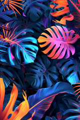 Tropical nature leaves with neon light abstract background