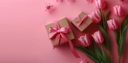 Tulips flower bouquet, pink gift box and ribbon on a pastel background. A happy Women's Day or Mother day concept banner, poster or greeting card template in the style of a pastel background. 