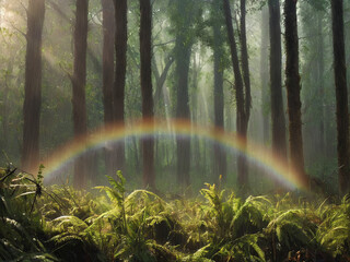 photography of raining in the forest, with morning sunlight creating rainbows