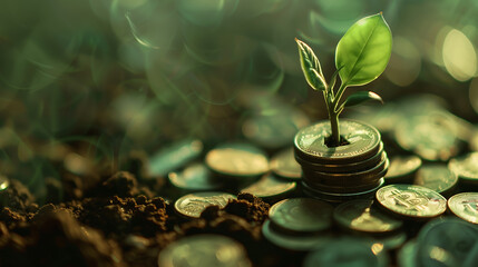 Investment and interest concept. Plant growing from savings gold coins