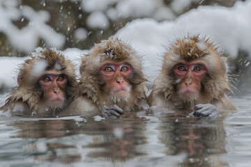 Group of Macaque Monkey Taking a Bath in Hot Spring Onsen to keep them warm in snow winter season