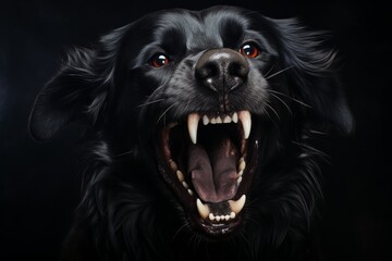 Fierce black dog with sharp teeth baring fangs