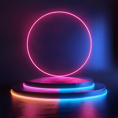 Futuristic Neon Light Circle Podium in Dark Ambiance