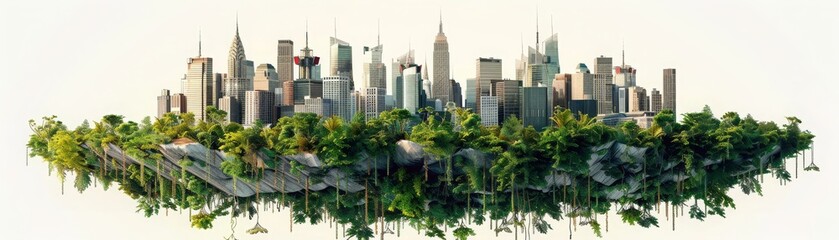 A city is floating in the air with trees and buildings
