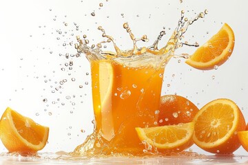 Orange juice splashing with its fruits isolated on white background 