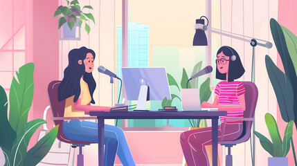 Two women having a conversation while co-hosting an audio broadcast in a home studio. 2d illustration