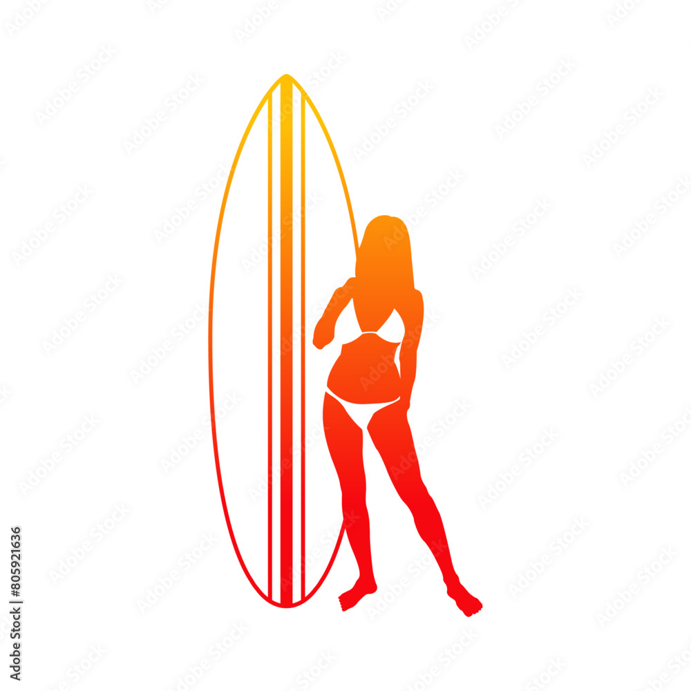 Wall mural logo club de surf. silueta de mujer de pie frente a tabla de surf lineal con bikini en espacio negat