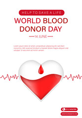 Vector illustration of donate blood vertical poster design. Blood donor day, blood dripping in heart, medical health care poster design on white background.