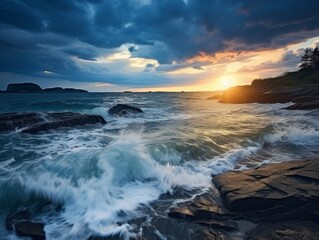 Fototapeta premium Dramatic sunset over crashing waves on rocky coastline
