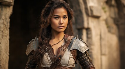 Fototapeta premium Fierce female warrior in battle armor
