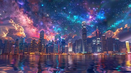 Bustling City Skyline at Night: The Symphony of Lights Against the Starlit Canvas