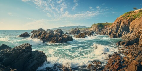 Dramatic rocky coastline with crashing waves