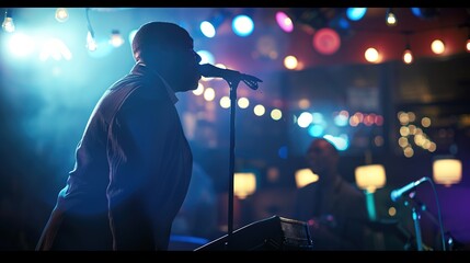 Male jazz singer sings jazz songs on stage at night in jazz club. that makes a difference