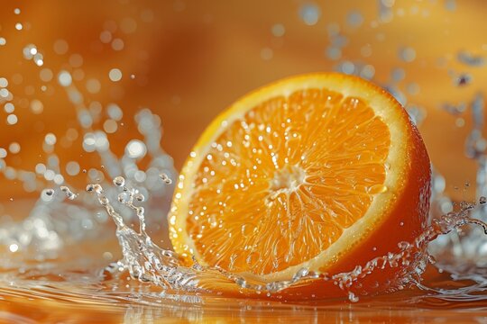 Slide cut piece of orange drop on orange background with orange juice splash water with copy space 