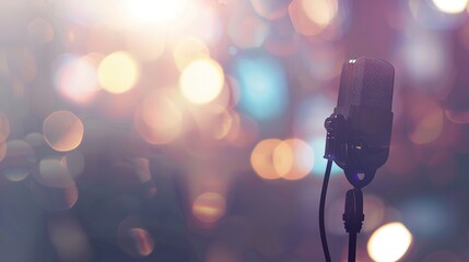 Music background with microphone on blur background stage