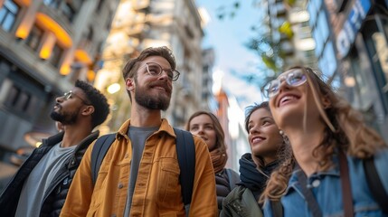 Diverse corporate team on a scavenger hunt around the city to improve strategic thinking and teamwork skills through collaborative and problem