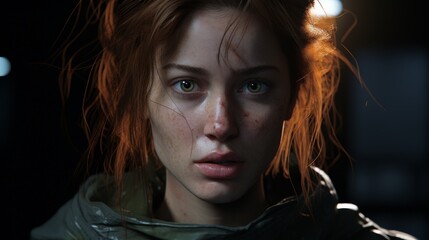Intense gaze of a young woman with fiery red hair