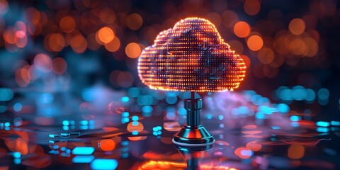 Innovative cloud computing concept showcasing a futuristic holographic globe with glowing digital elements on a dark neon lit background