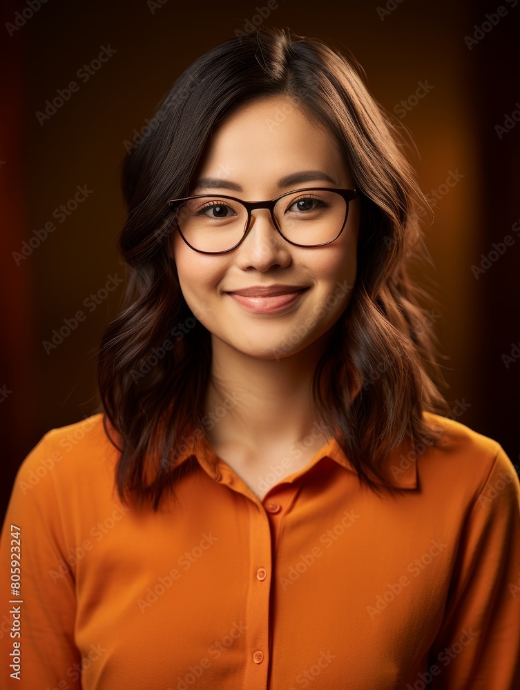 Sticker smiling asian woman wearing glasses