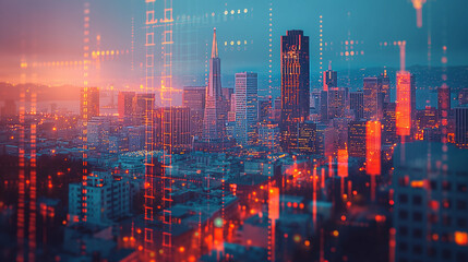 Fototapeta premium Multi exposure of abstract virtual financial graph hologram on San Francisco skyline background, forex and investment concept. double exposure of wireframe city interface.