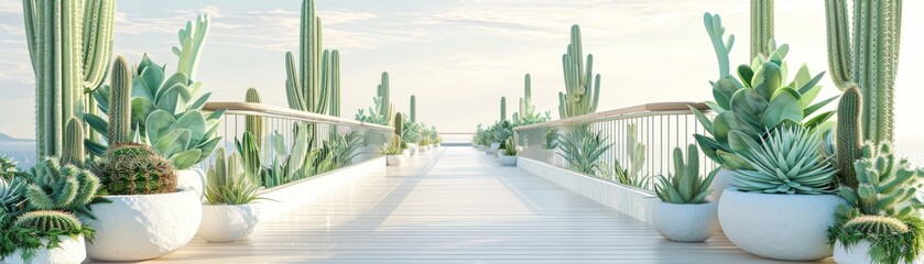 A long walkway with a white railing and a row of cacti