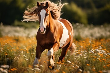 Majestic horse running through field of flowers
