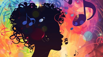 Silhouette of a woman's head with musical notes on a colorful background.
