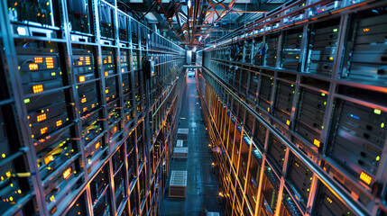 A bustling data center filled with rows of servers processing vast amounts of information.