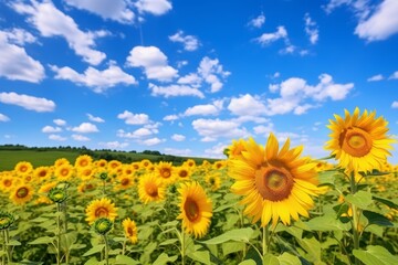 Obraz premium Vibrant sunflower field under a blue sky