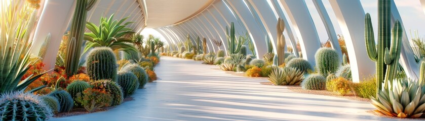 A long hallway with a variety of cacti and other plants - Powered by Adobe